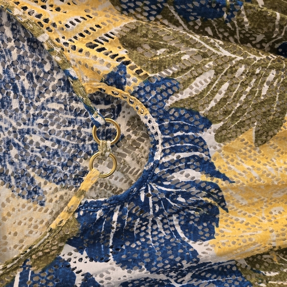 Boho Tropical Multi Color Leaf Print Blouse W Front Tie And Gold Neck Design 3XL - Picture 4 of 11